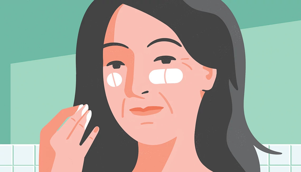illustration of woman rubbing lotion on her face in the shape of pill capsules