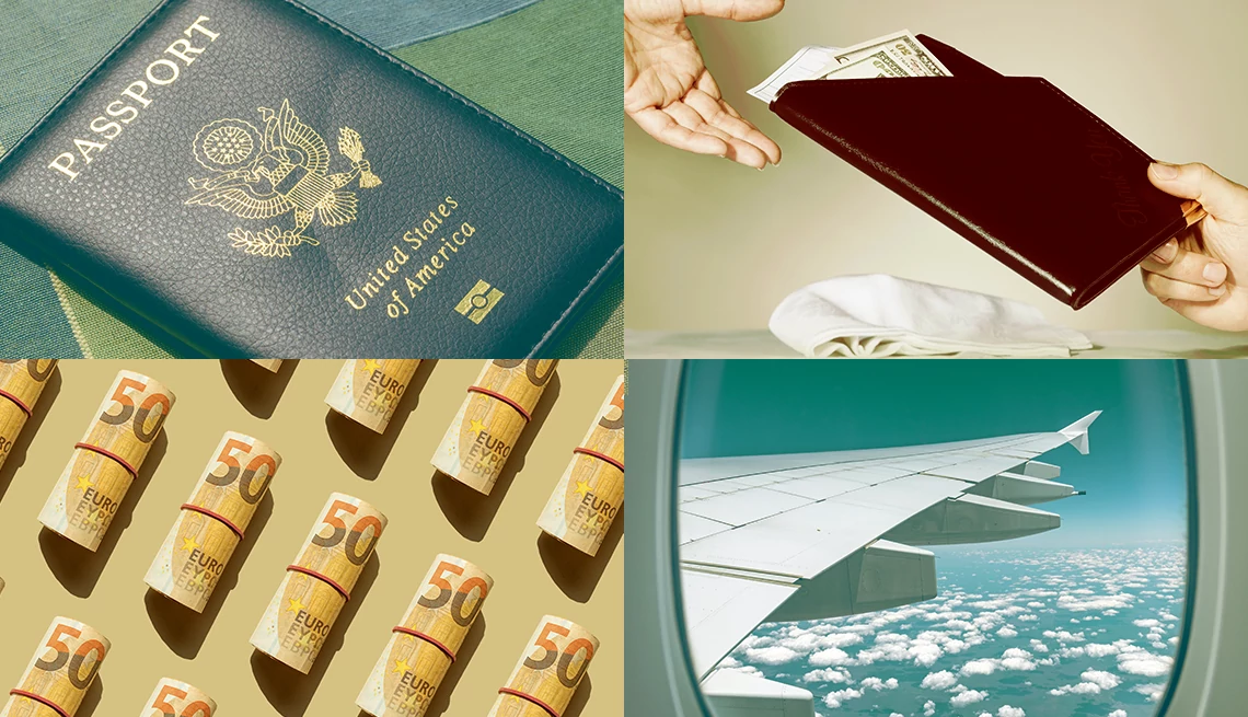 Pasaporte, una cartera con dinero, euros en rollos y una vista desde un avión