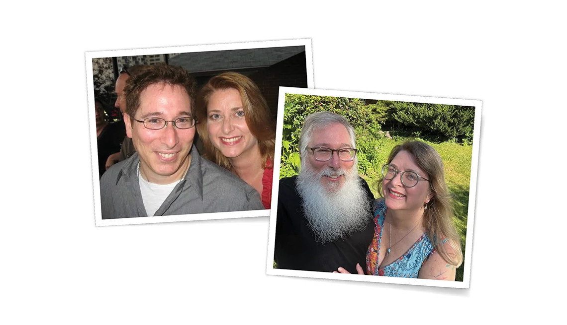 Two photos are staggered on a white background. The left photo shows Geoffrey Miller and Janet Galope at his 2009 high school reunion. The right photo shows them in 2025.