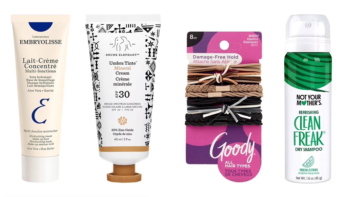 Pare down your beauty routine Embryolisse Lait Creme Concentre; Drunk Elephant Umbra Mineral Cream SPF 30 Tinted Face Sunscreen; Goody Damage-Free Hair Elastics; Not Your Mother’s Clean Freak Refreshing Dry Shampoo