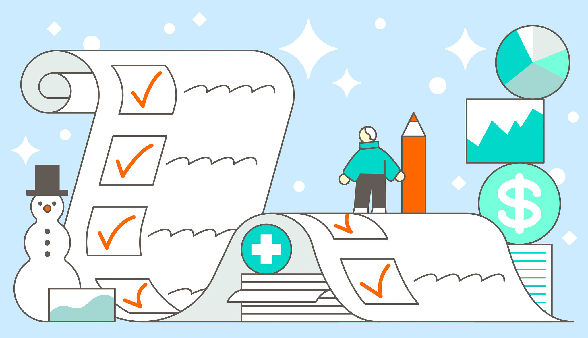 a small figure stands on top of a large checklist rolling out in front of a light blue and white wintry background