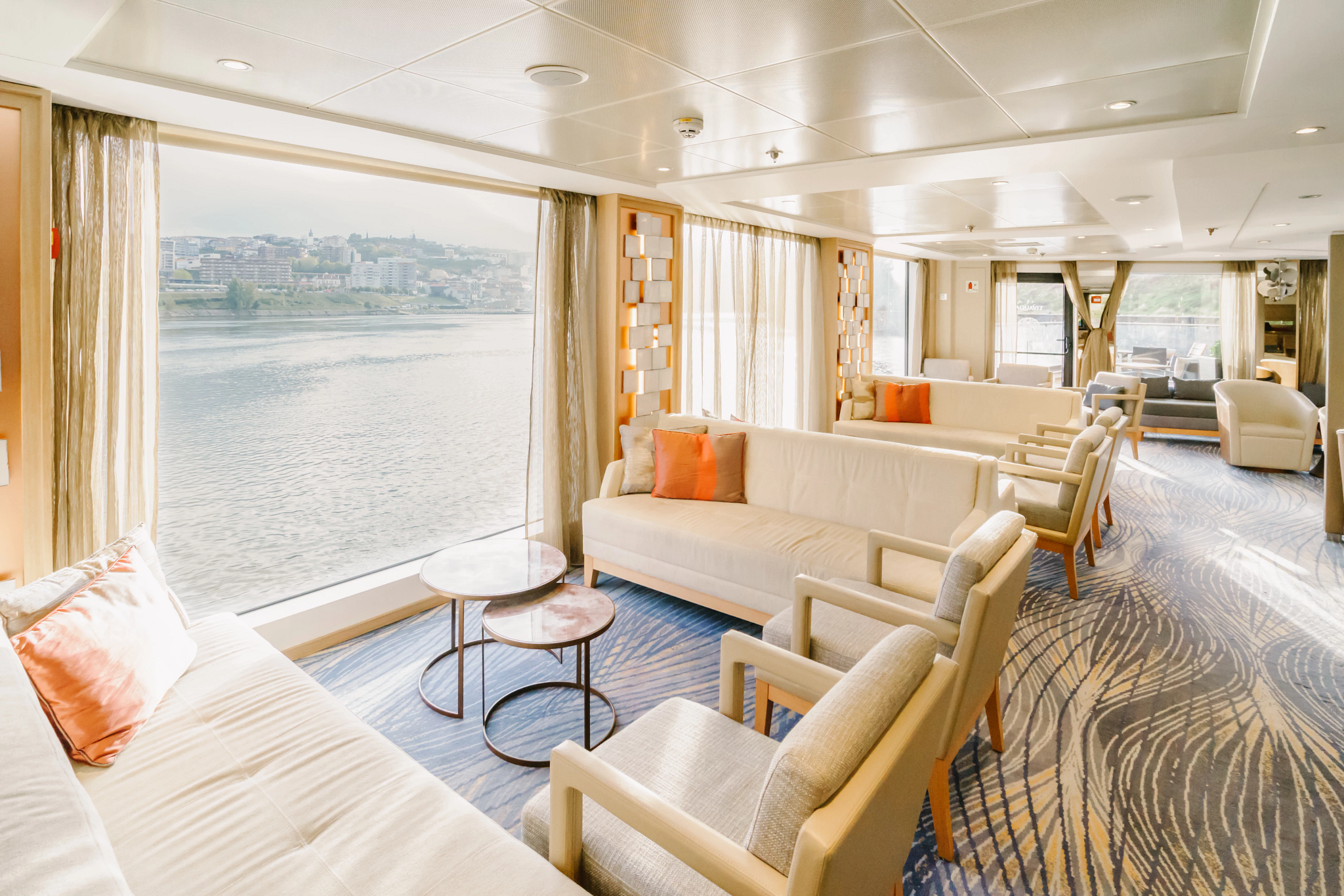 the interior of a luxury viking cruise ship on the Douro River in Portugal