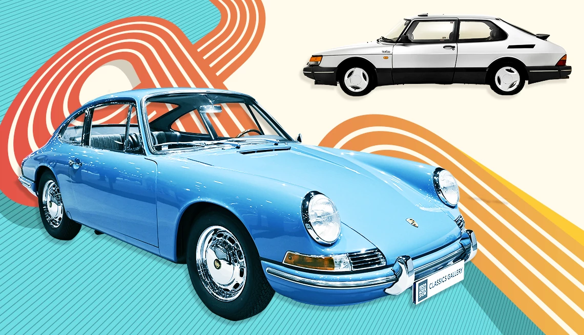 know what to look for in a classic car images of a porsche 911 and saab 900 on a retro background