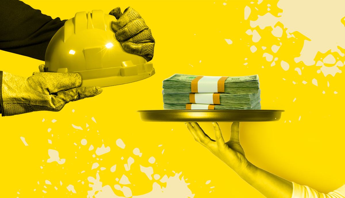 A person serves money on a platter to a worker holding a hard hat, implying the relationship between employees and retirement plans