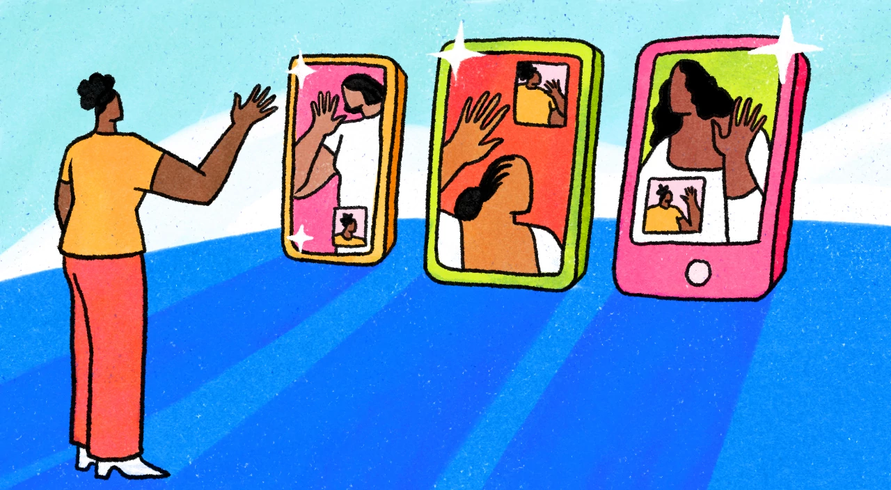 an illustration of a woman waving to three devices with other women on the devices waving, like they're on a video call