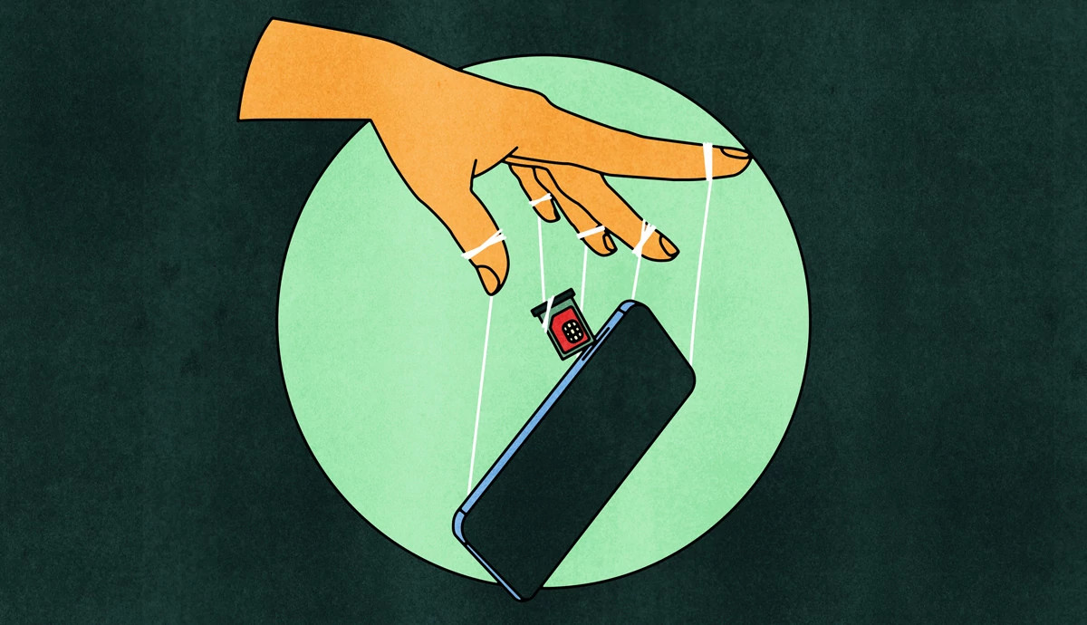 puppet strings connect a hovering hand to a smartphone and sim card