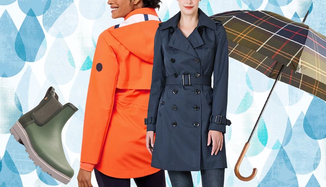 A waterproof chelsea boot, a hooded water resistant jacket, a water resistant hood trench coat and an umbrella Bogs Holly Waterproof Chelsea Boot (Women) in Green Ash; Hooded Water-Resistant Jacket in Tangerine; Kimi + Kai Women’s Else Water-Resistant Hooded Trench Coat; Barbour Walker Umbrella in Tartan