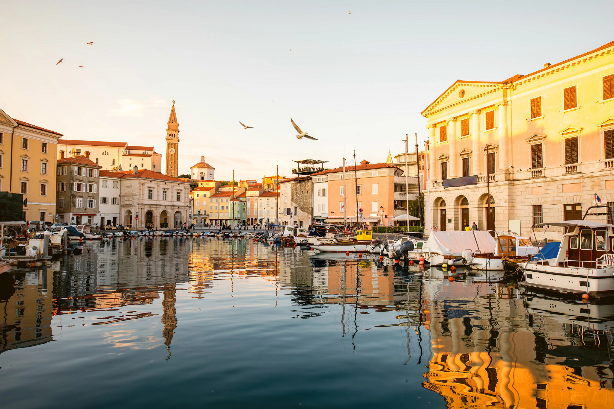 Historic waterfront harbor with boats, colorful architecture, and reflections on calm water during sunset.