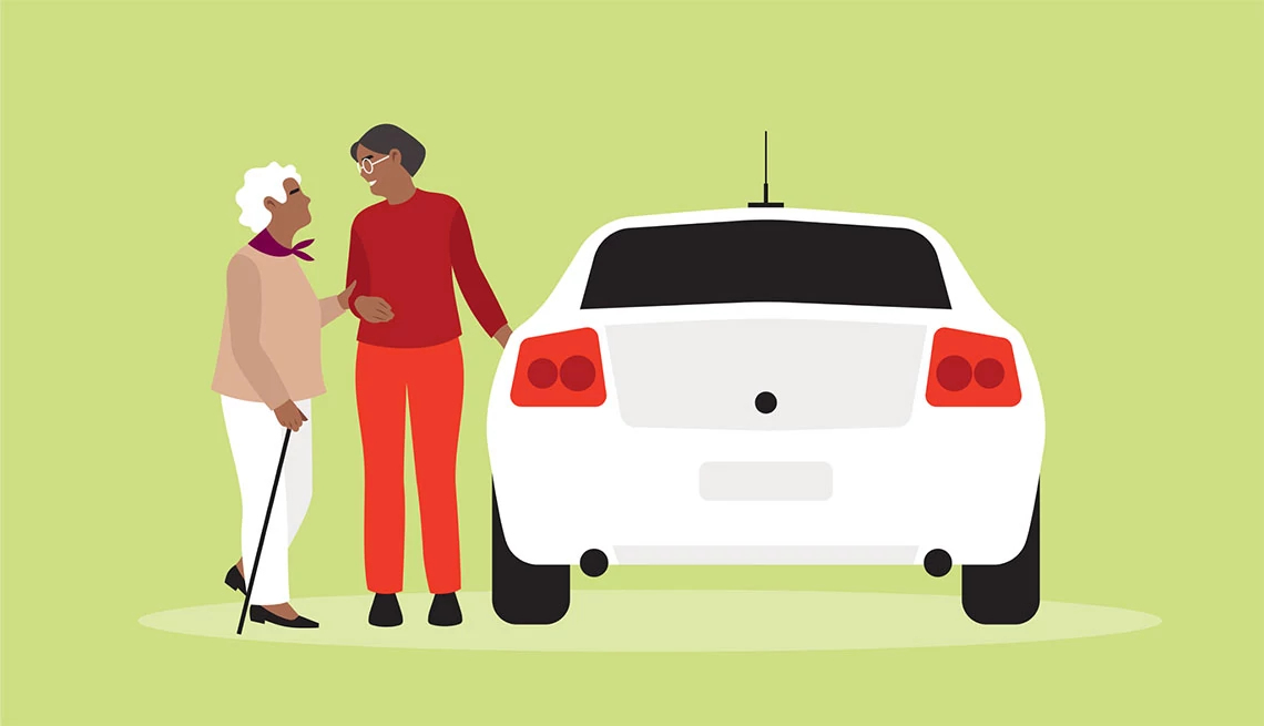 AARP Local Family Caregiver Resource Guides Illustration of elderly woman being helped to car by adult daughter on green background