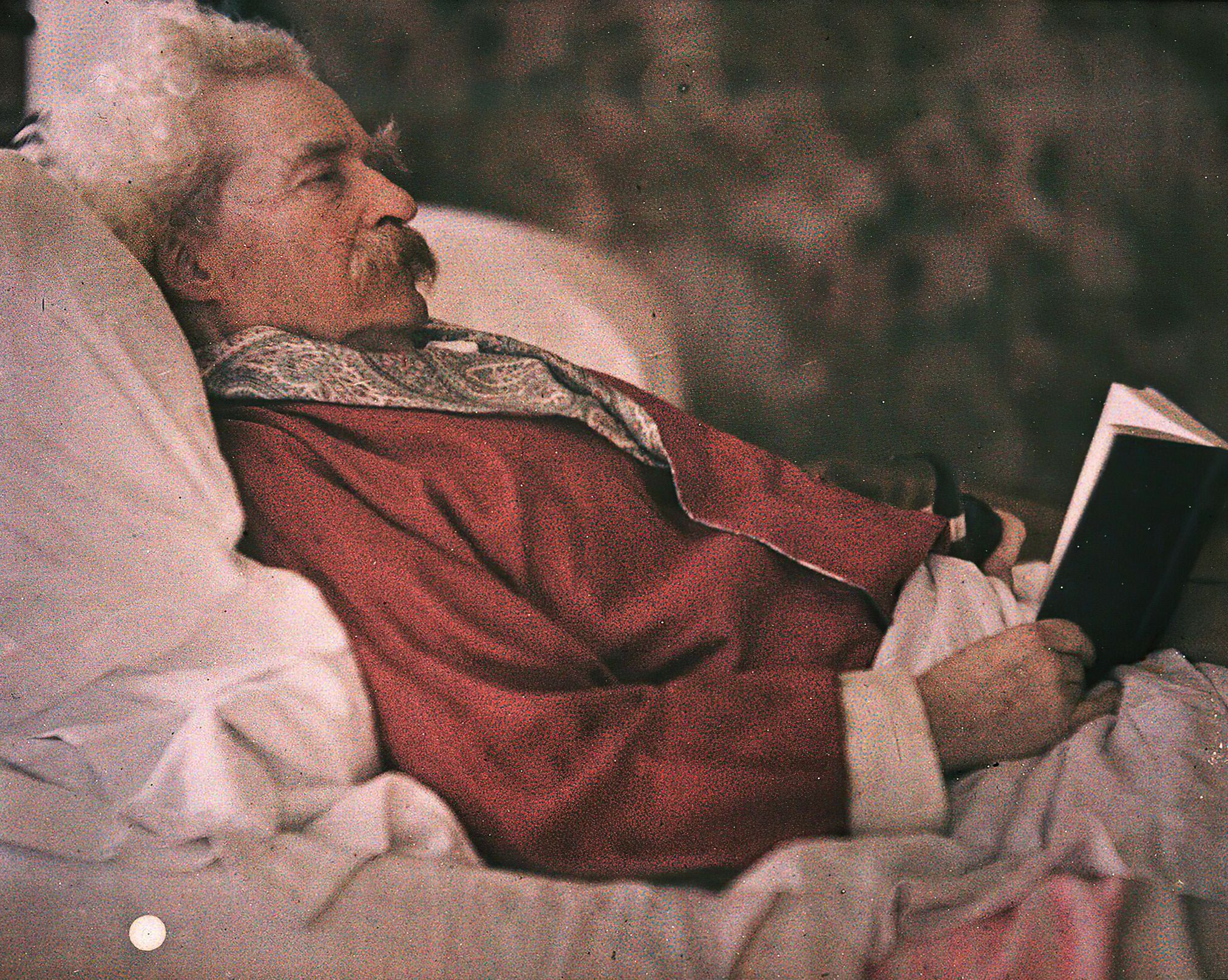 13 Fascinating Facts About Mark Twain Mark Twain as an older man, reclining with a book and a tobacco pipe, wearing a red bed jacket