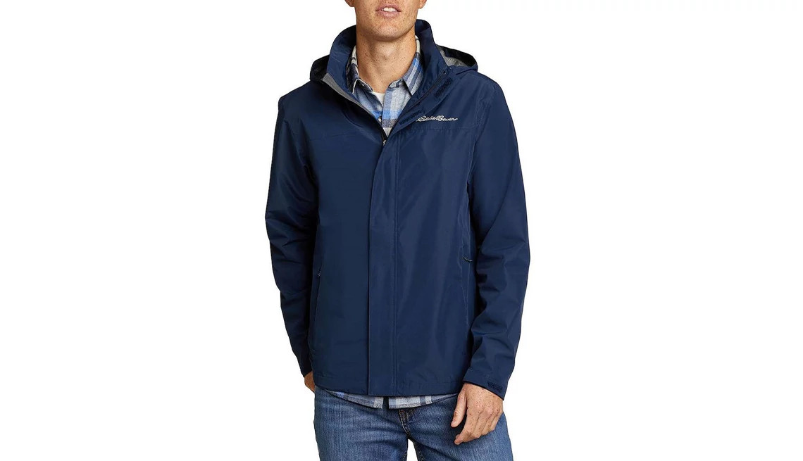 dark blue rainjacket with hood