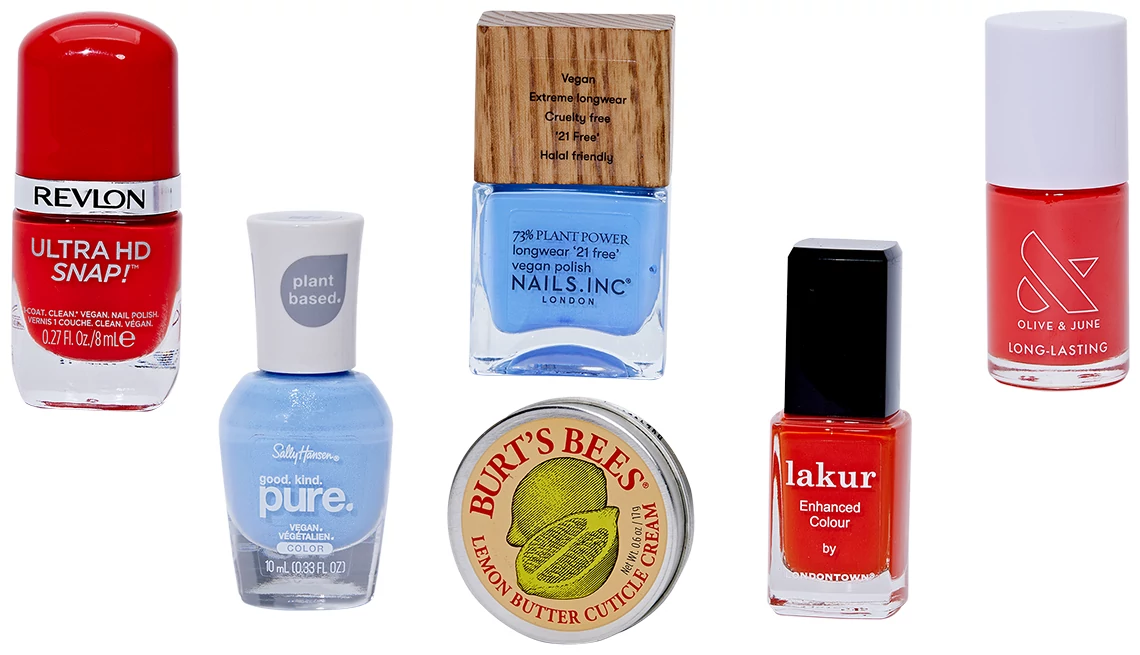 Revlon Ultra HD Snap Nail Polish in She’s on Fire; Sally Hansen Good. Kind. Pure. Nail Polish in Crystal Blue; Burt’s Bees Cuticle Cream; Nails Inc. Plant Power Vegan Nail Polish in Soul Surfing; Londontown Lakur Nail Polish in Camden Chic; Olive & June Nail Polish in Lava