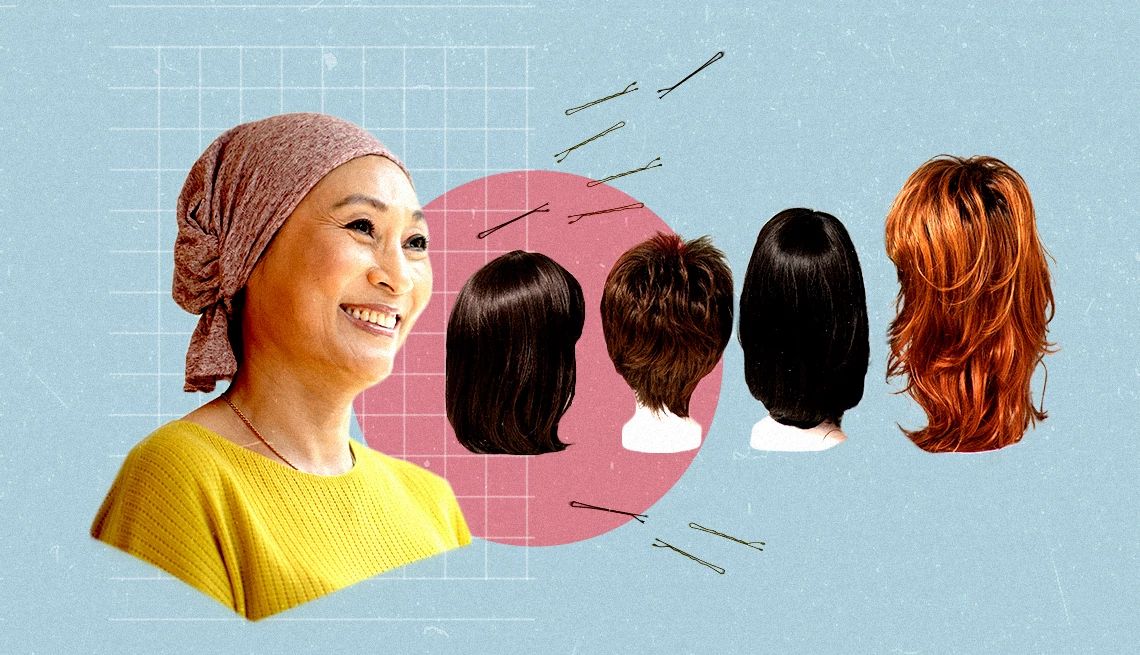 Find free or low-cost wigs a woman with a scarf on her head smiles next to four wigs on a blue and pink background