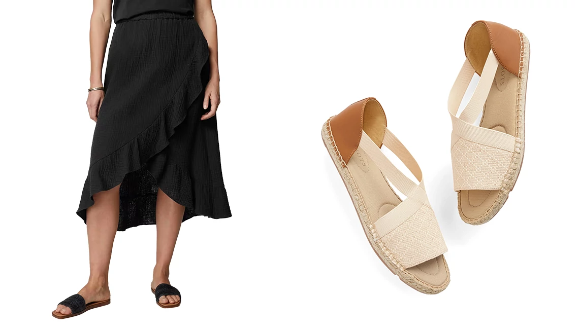 J.Jill Cotton-Gauze Ruffled Wrap Skirt in Black; Illysa Espadrille Sandals - Linen in Natural
