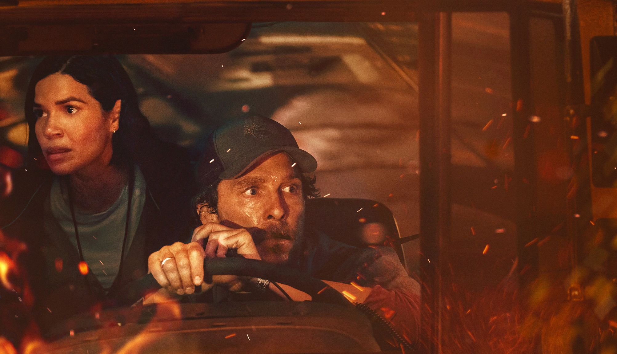 McConaughey’s New Movie is a Family Affair matthew mcconaughey behind the wheel of a school bus in a scene from the lost bus