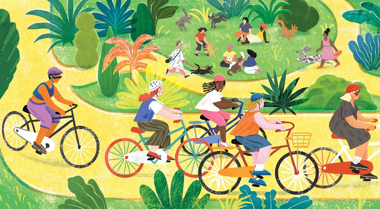 an illustration combines people riding bikes, and hanging out at the park with their pets