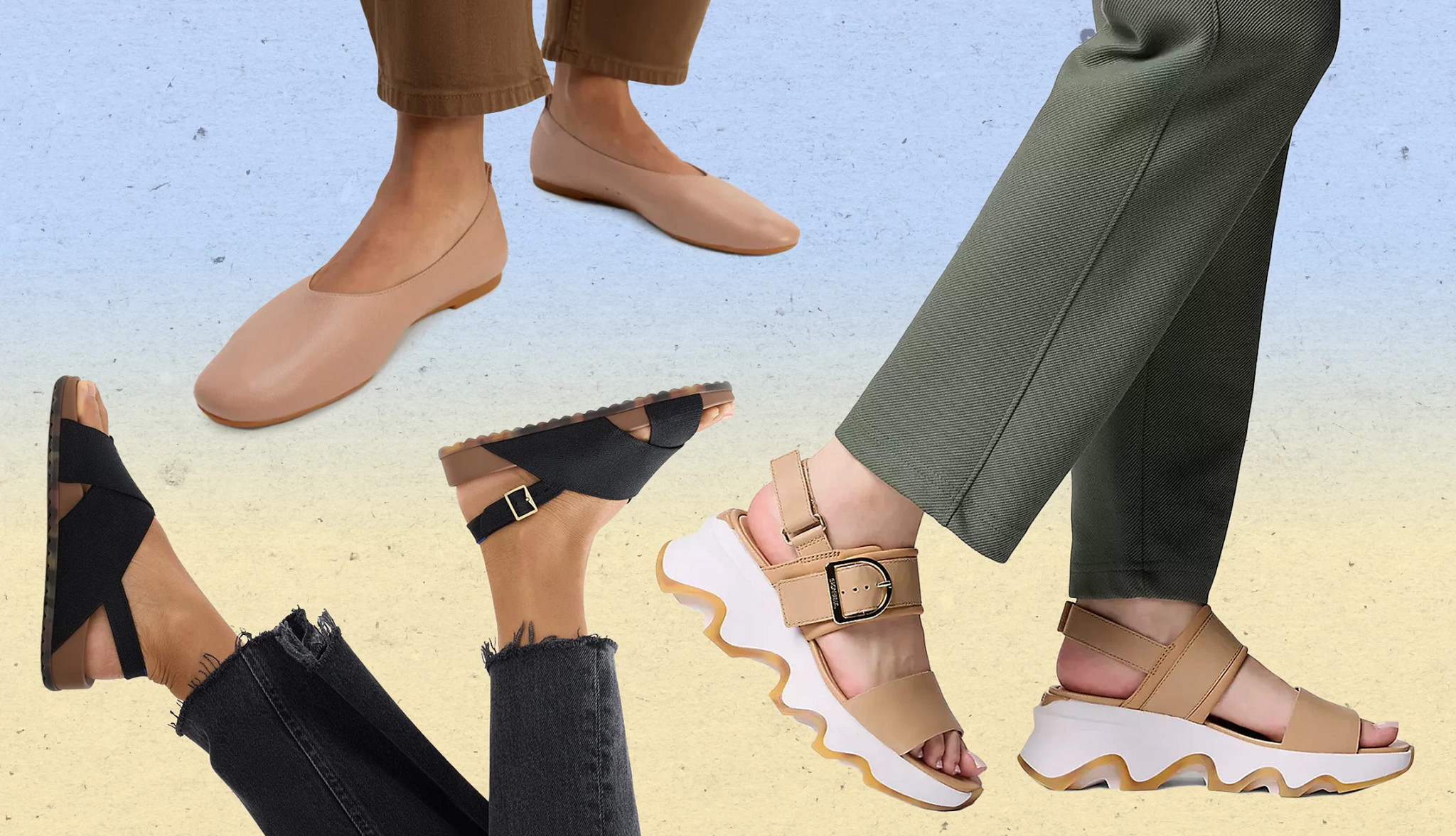 a collage with models wearing different styles of spring and summer shoes