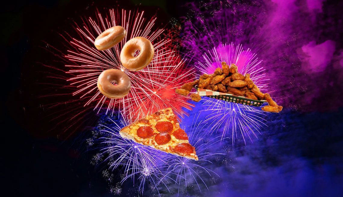 4th of July Deals A photo collage shows 4th of July fireworks exploding into pizza, donuts and chicken wings