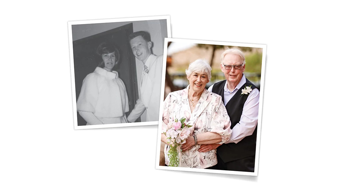 Two photos are staggered on a white background. The left photo shows Judy Mutal and Steve Gove at their 1964 prom, the right at their 2025 wedding