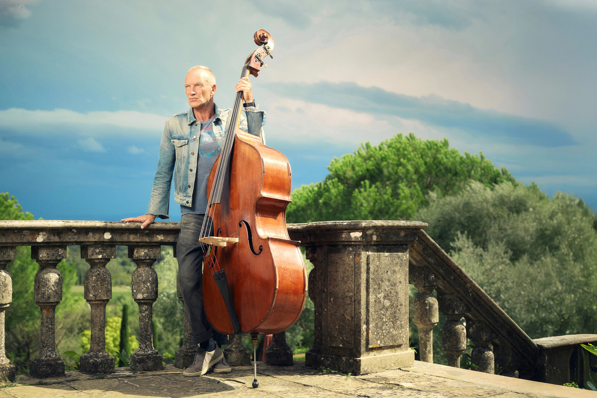 sting, posing for an outdoor portrait in front of a stone railing, with an upright bass