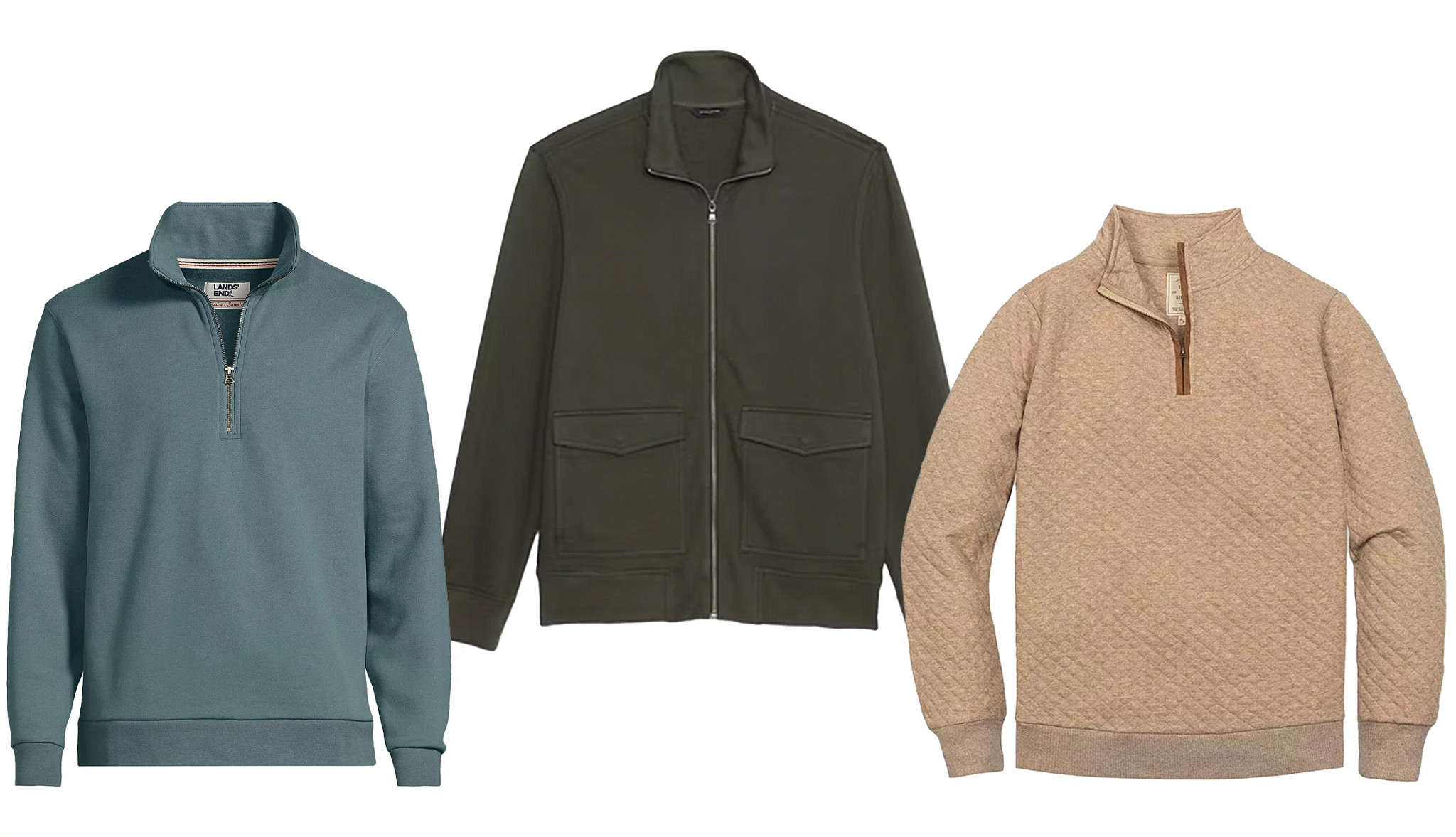 a collage with two different styles of pullovers and a zippered jacket