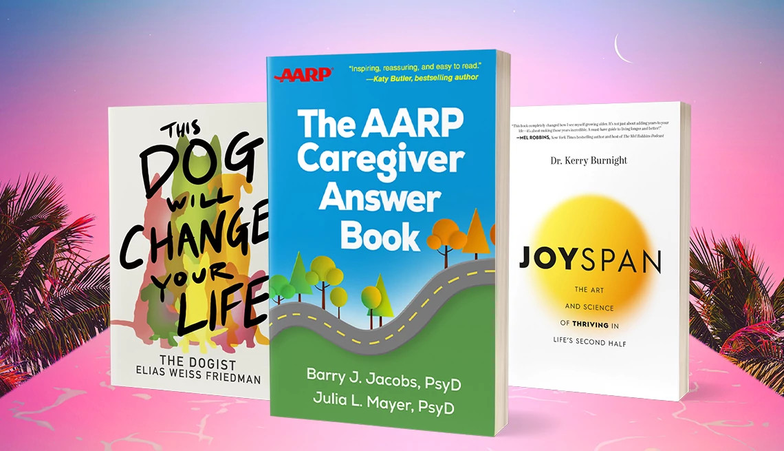 the covers of 'this dog will change your life,' 'the aarp caregiver answer book' and 'joyspan'