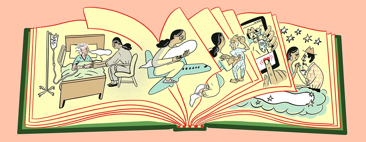 illustration_of_open_story_book_of_women_visiting_nonagenarian_and_living_different_life_scenarios