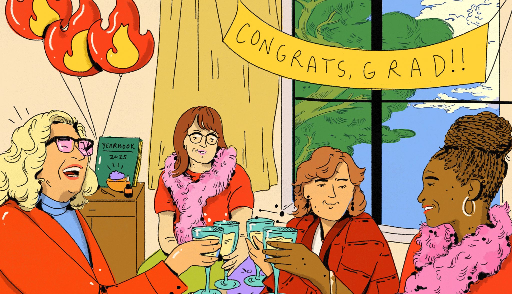 Make Menopause Party Time A graphic illustration shows four older adult women clinking champagne glasses at a menopause party. There are flame-shaped balloons and a ‘congrats grad’ sign in the room