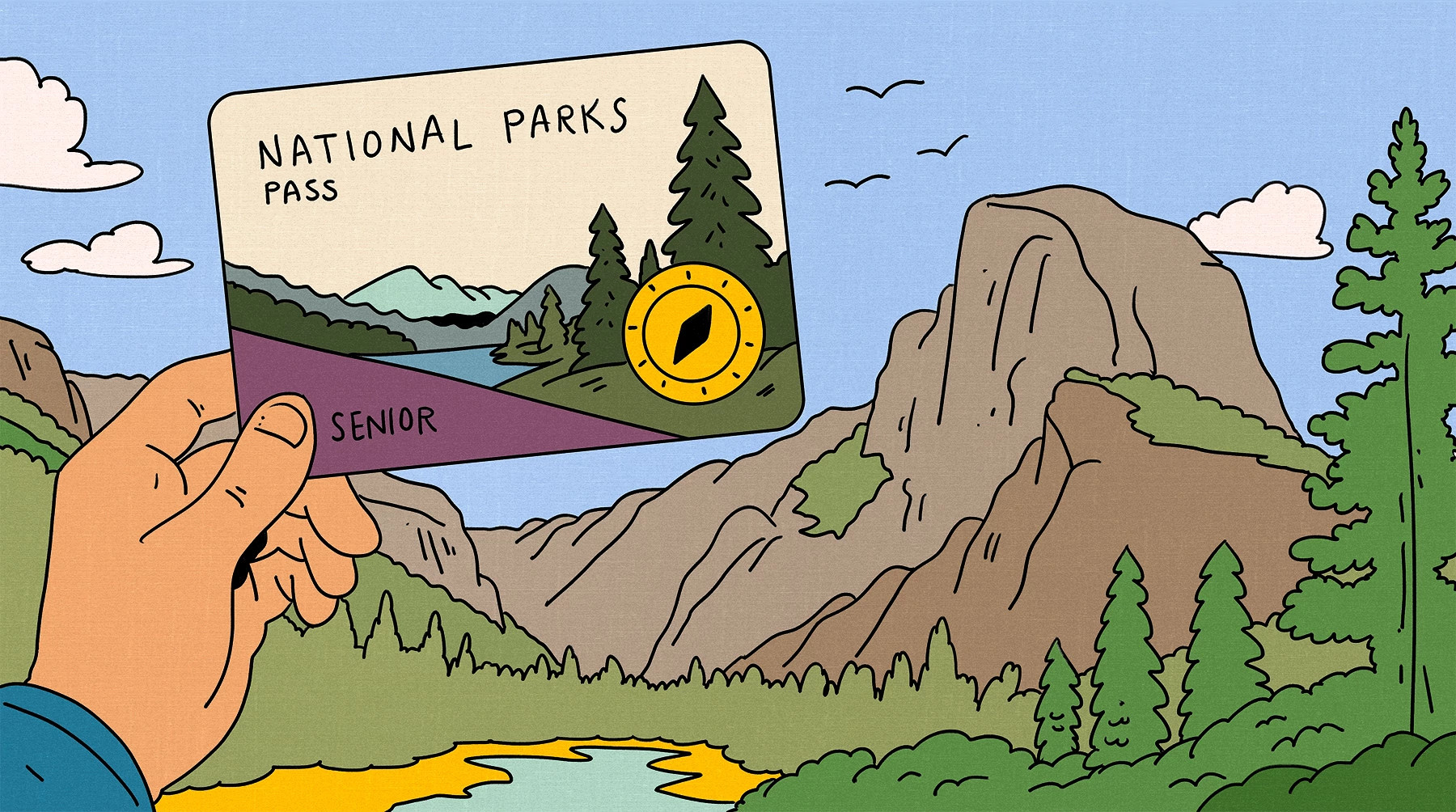 an illustration of a person holding a national park pass with a mountain in the background