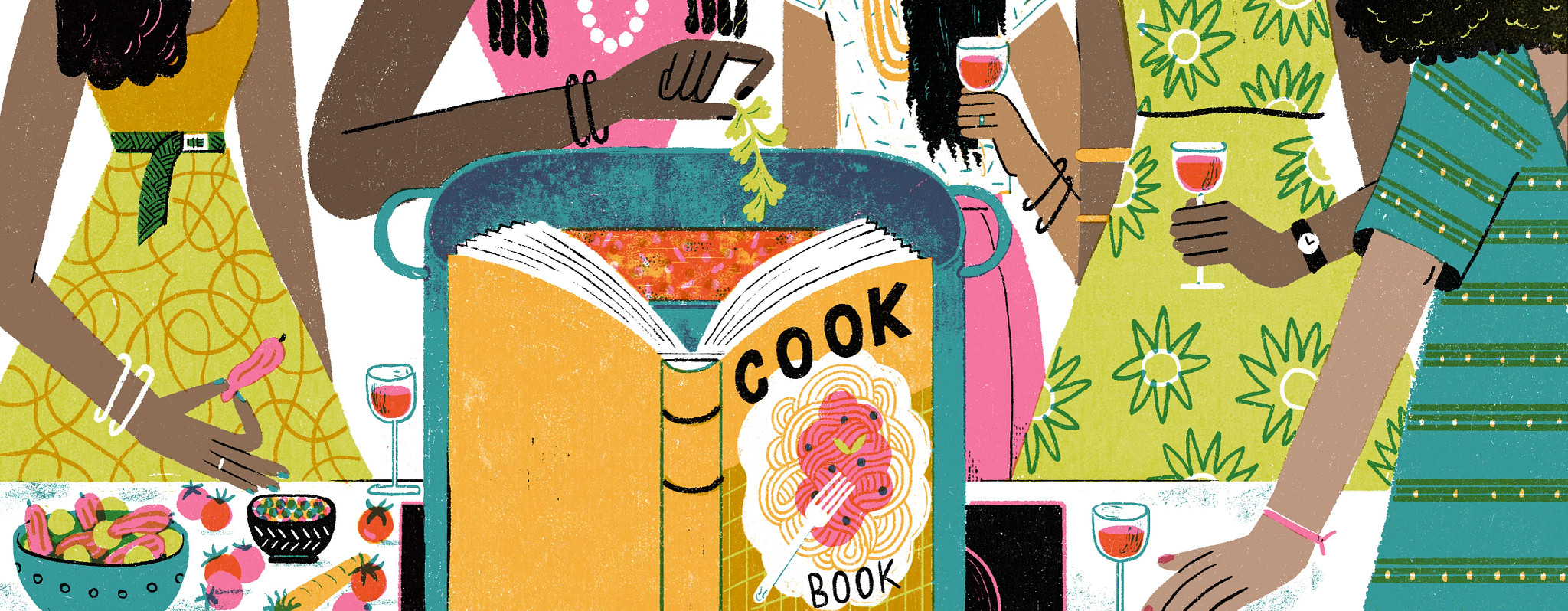 illustration of women drinking wine around a cook book
