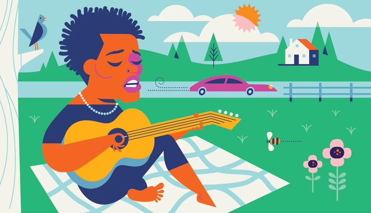 an illustration shows musician tracy chapman playing a guitar under a tree, sitting on a blanket