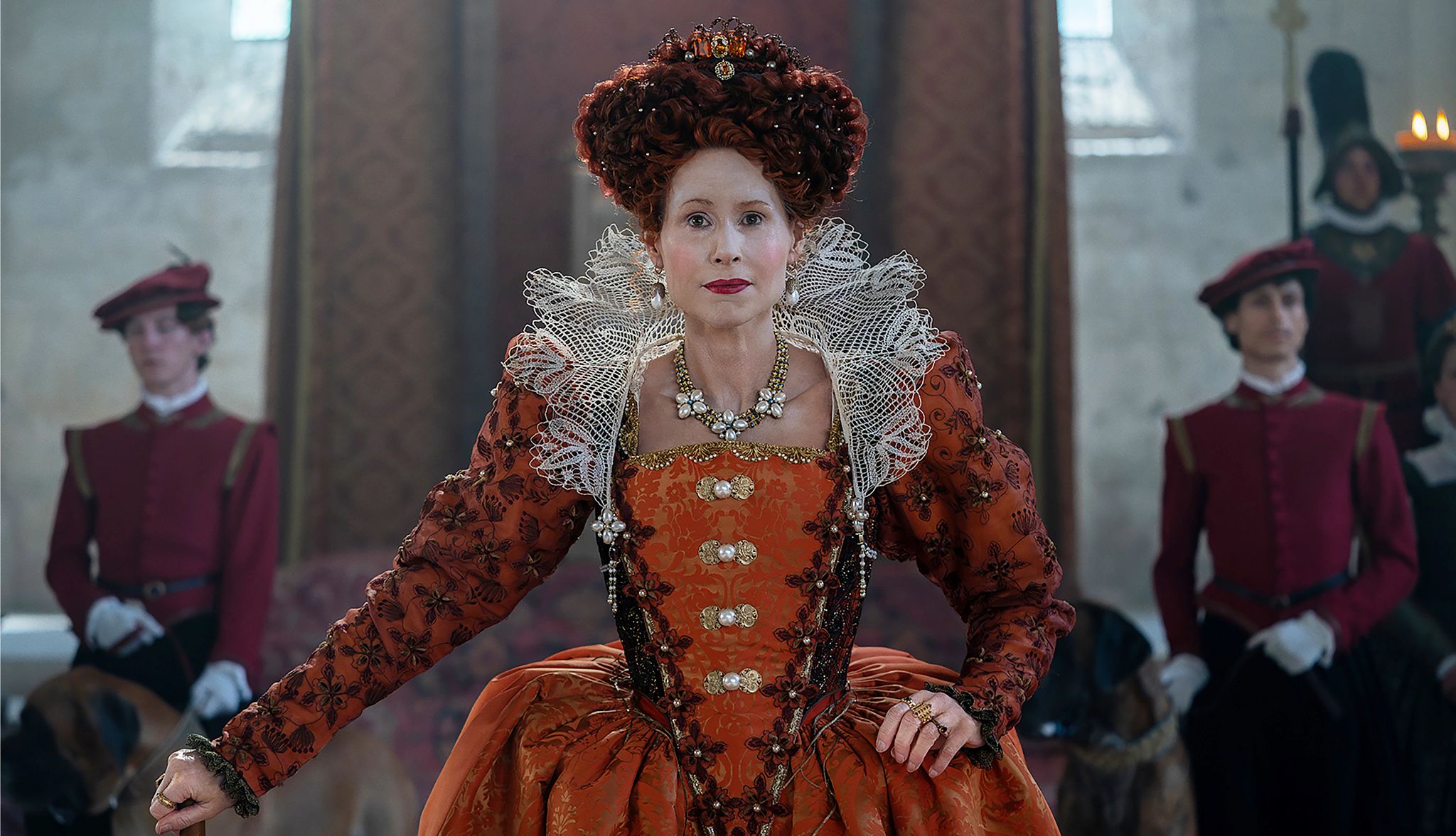 Minnie Driver as Queen Elizabeth I in "The Serpent Queen" Minnie Driver as Queen Elizabeth I in a still from The Serpent Queen