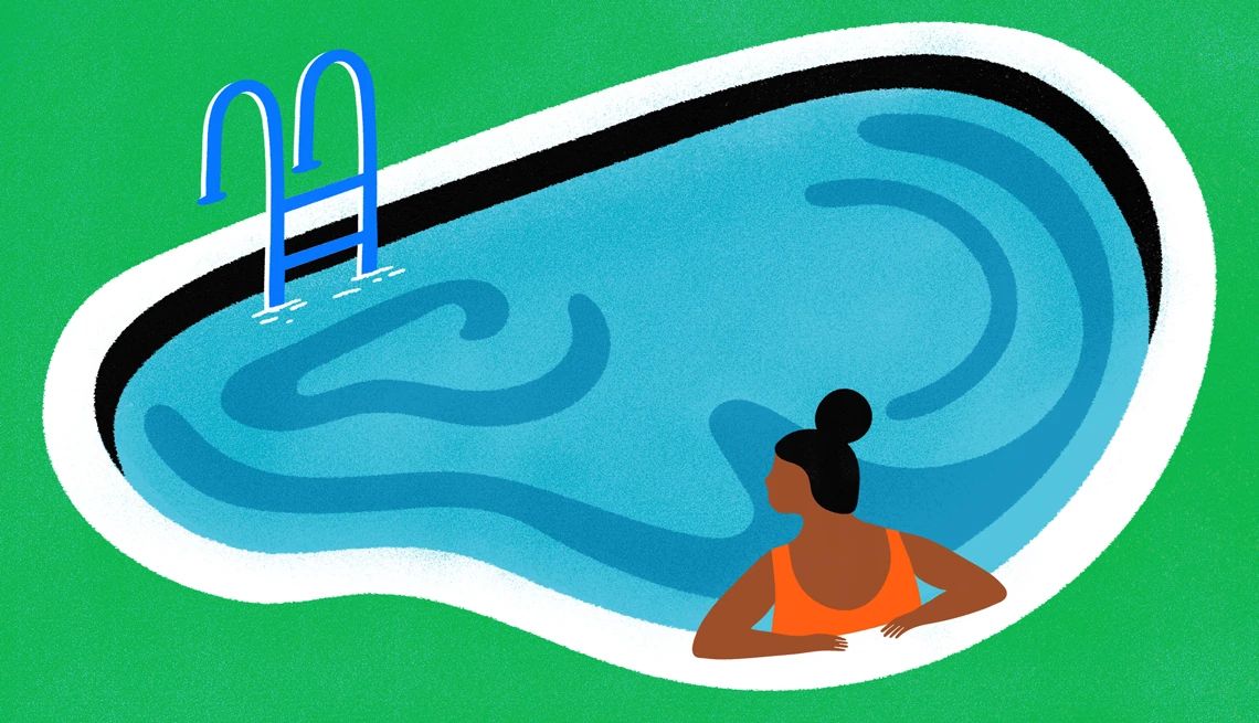 Swimmer's Ear Prevention and Treatment illustration of a woman in a pool shaped like an ear