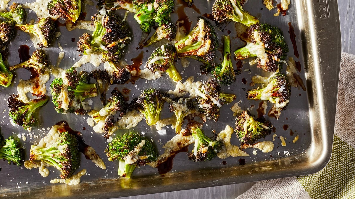 A close-up view of balsamic and Parmesan roasted broccoli