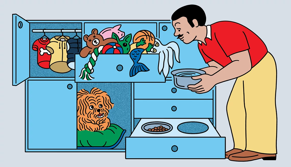 design options to help store your pet gear man filling dog bowl that's in an organized shelving unit