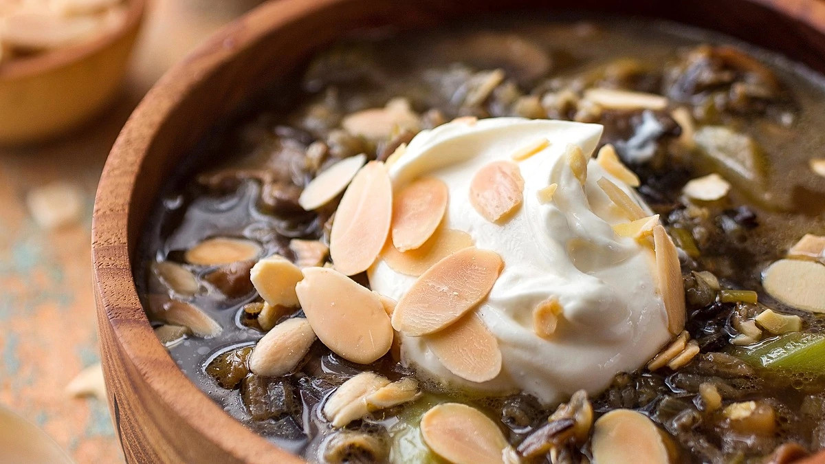 A close-up view of wild rice and mushroom soup