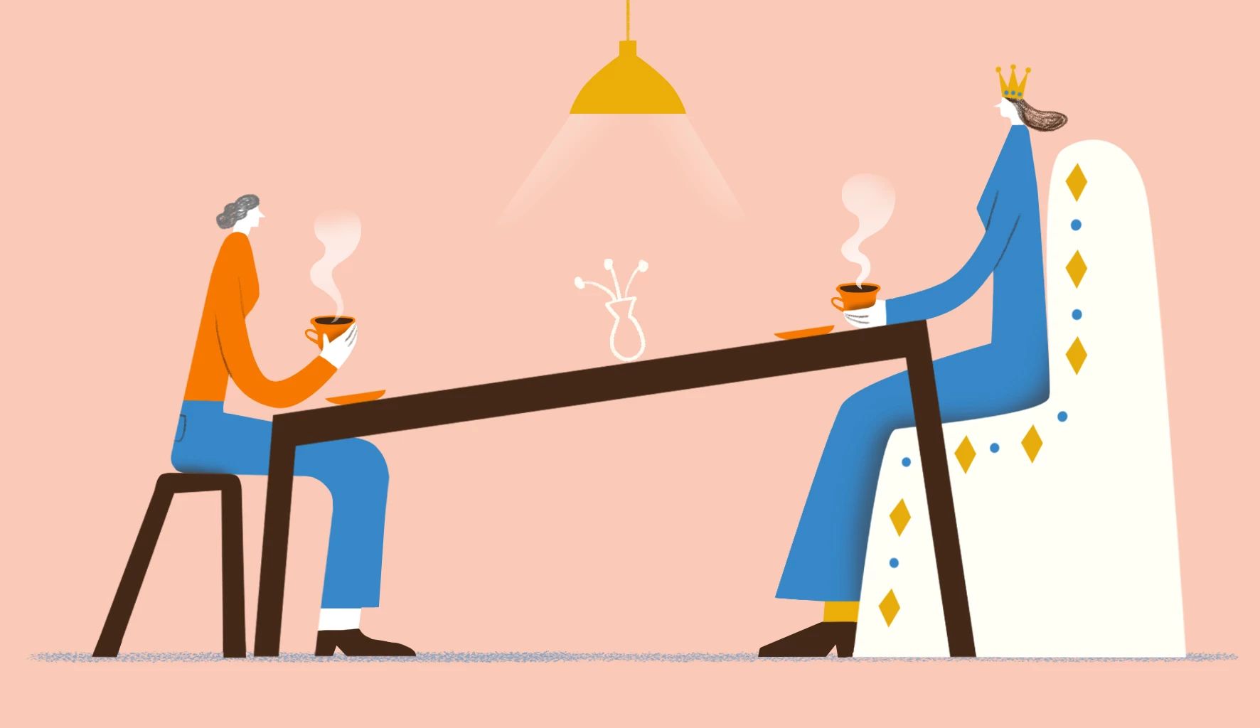Why I might dump my selfish friend two figures sit at a table. one end of the table is higher up, with the figure sitting on a throne and wearing a crown.