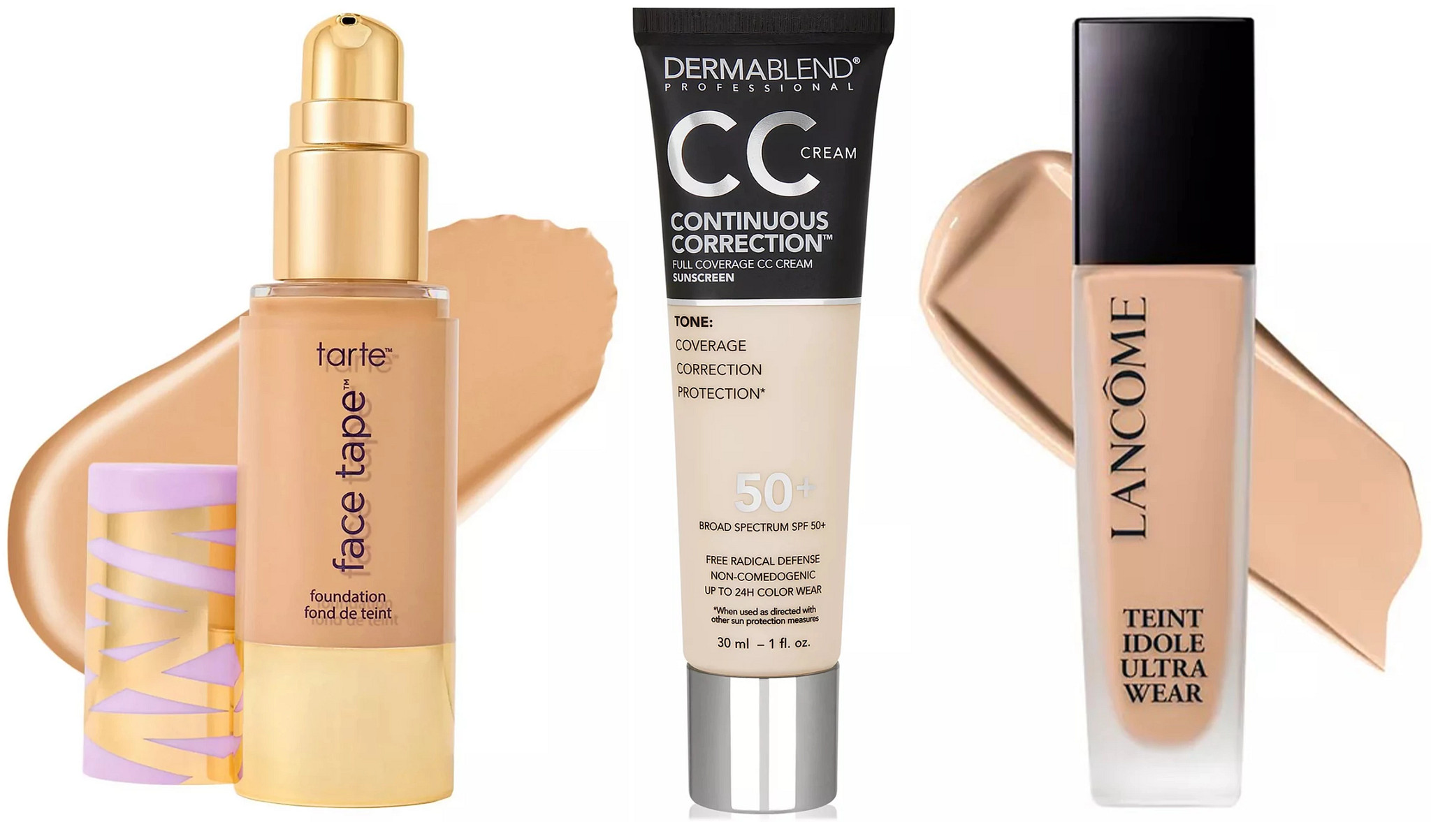 a collage with three different makeup foundations that work well for older skin