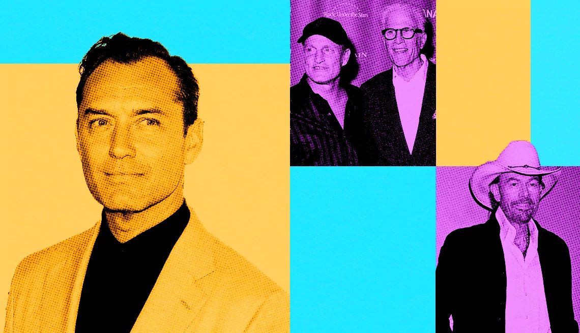 Jude Law, Woody Harrelson, Ted Danson and Toby Keith Jude Law, Woody Harrelson, Ted Danson and Toby Keith on a blue, yellow and purple background