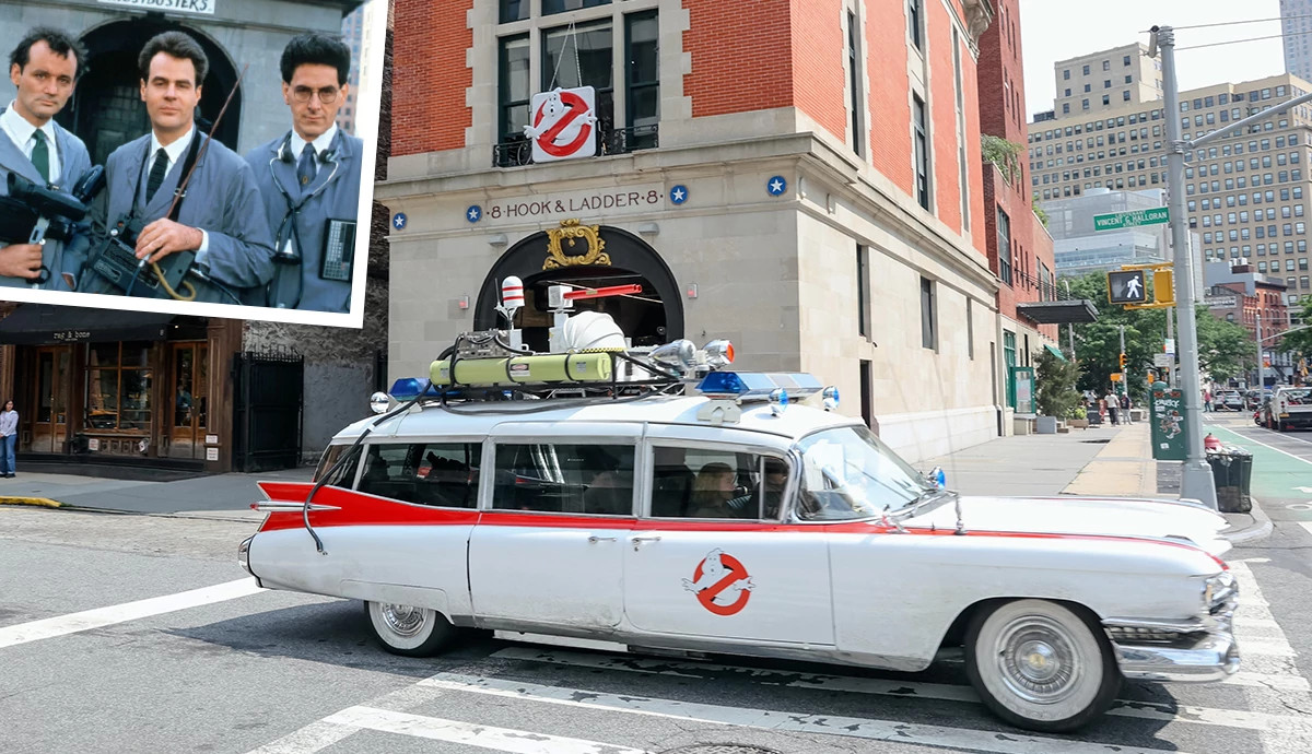 a split image of the ghostbusters car and the stars of the film