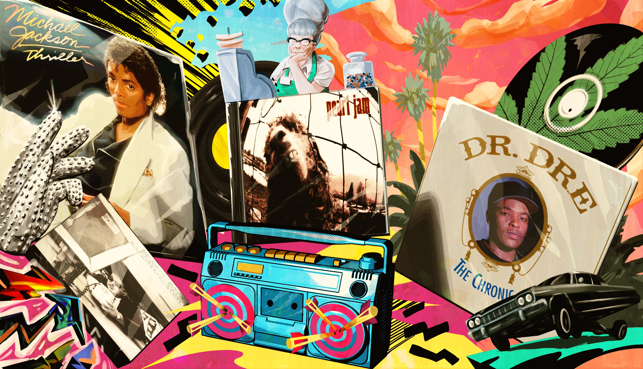 a colorful collage featuring album covers from michael jackson, pearl jam and doctor dre