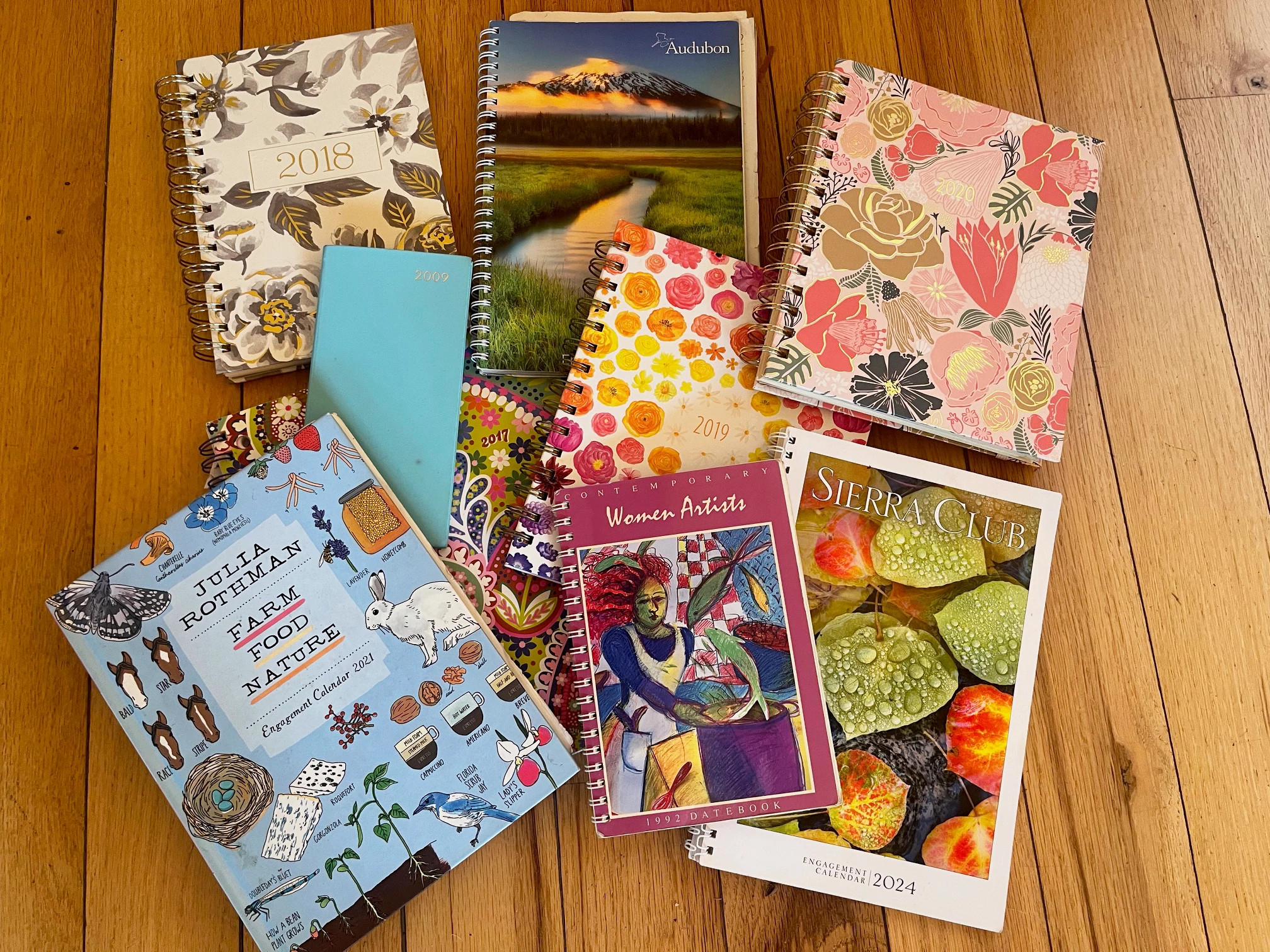Alison Owings’ planning calendars over the years. Audubon, Sierra Club and Women Artists are among the themes.
