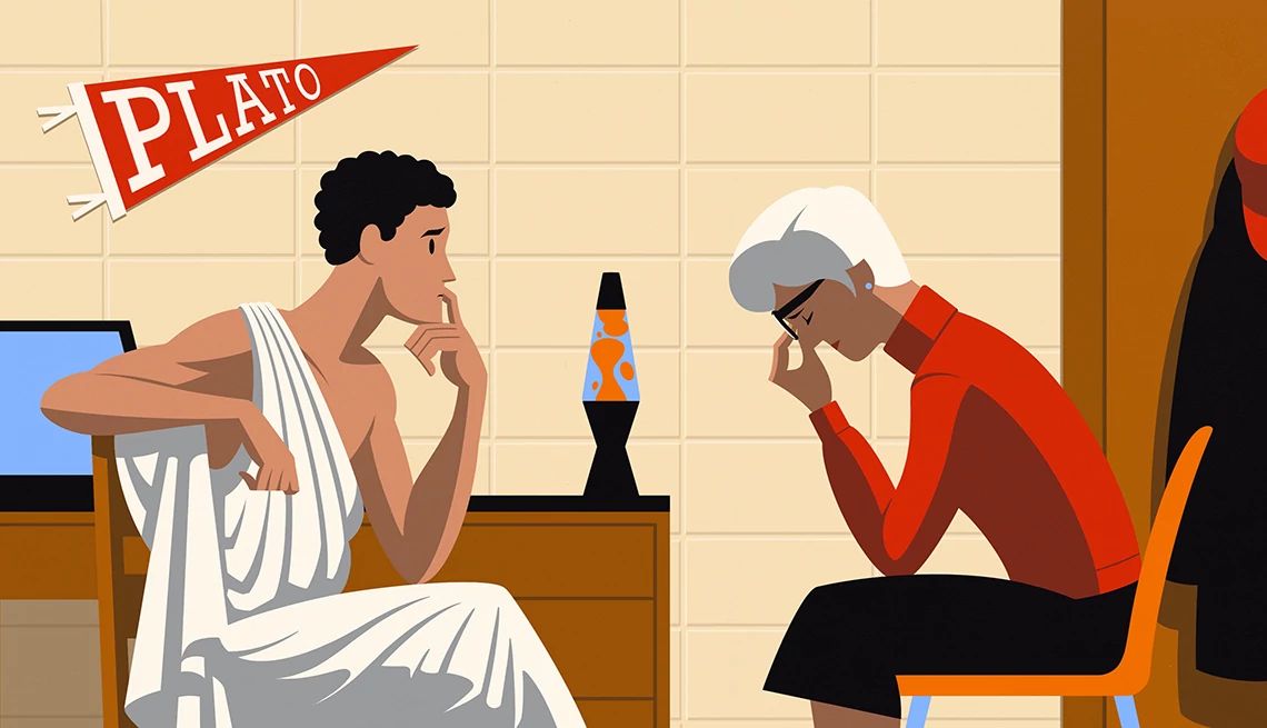 Money manners column a person with their head in their hands while the other dresses like a philosopher