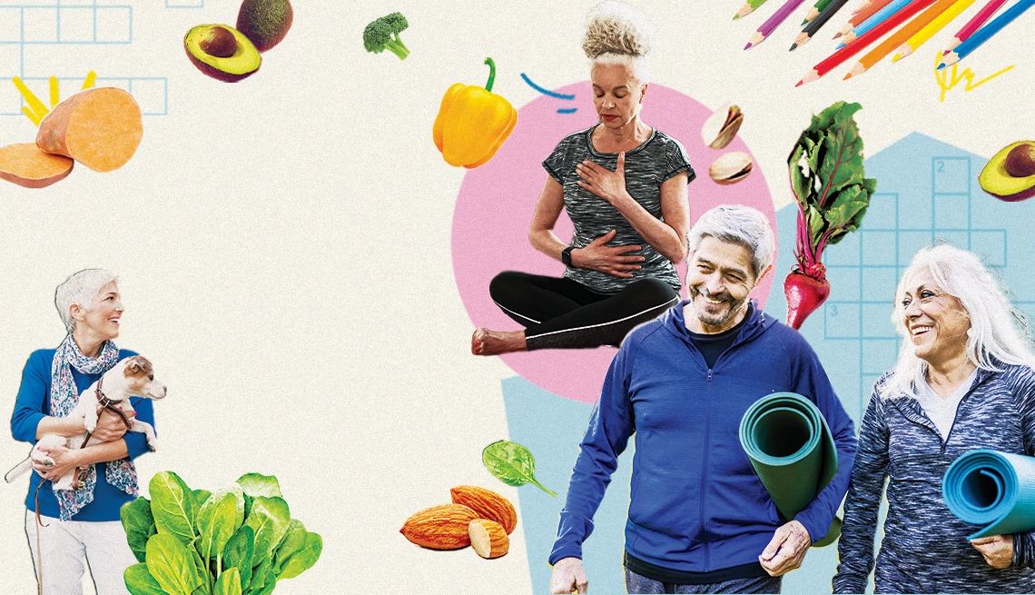 A collage of people alongside healthy foods and activities