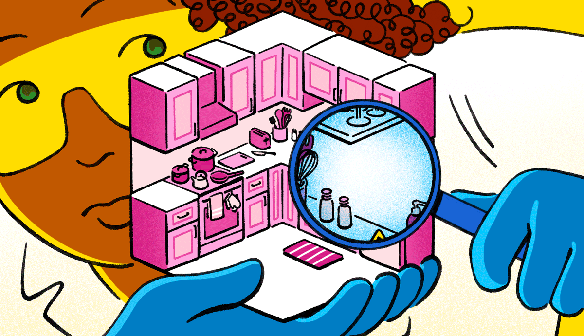 Gif illustration of woman inspecting kitchen hazards with a magnifying glass.