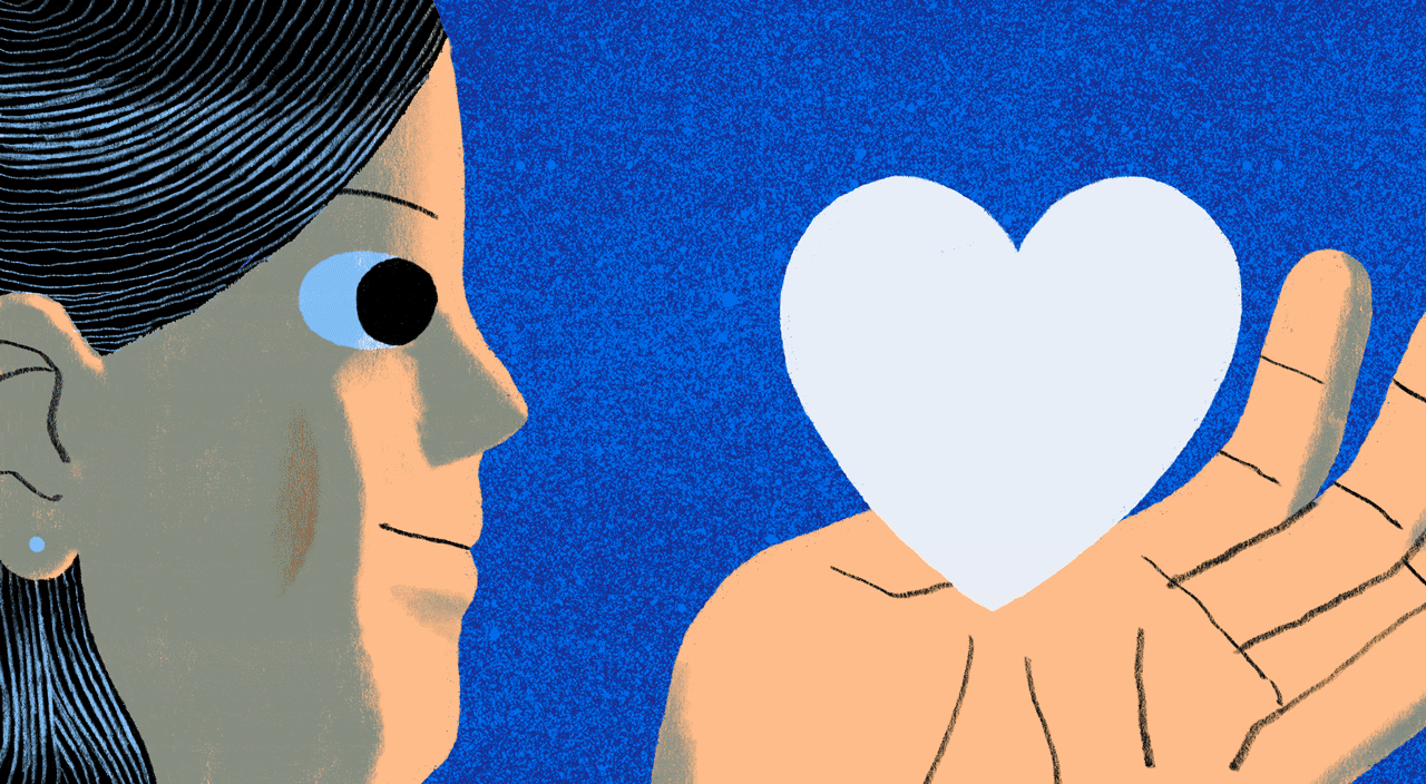 gif illustration of woman holding a pounding white heart on palm of her hand