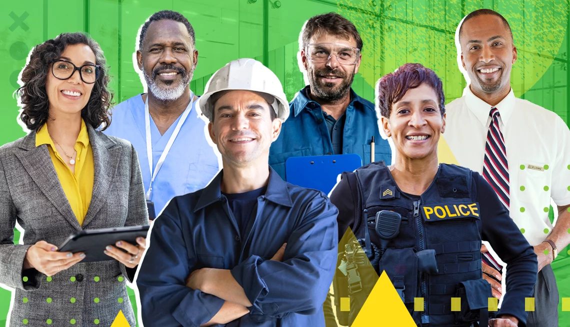 these jobs pay a high amount and don't need a degree a group of people in different work outfits