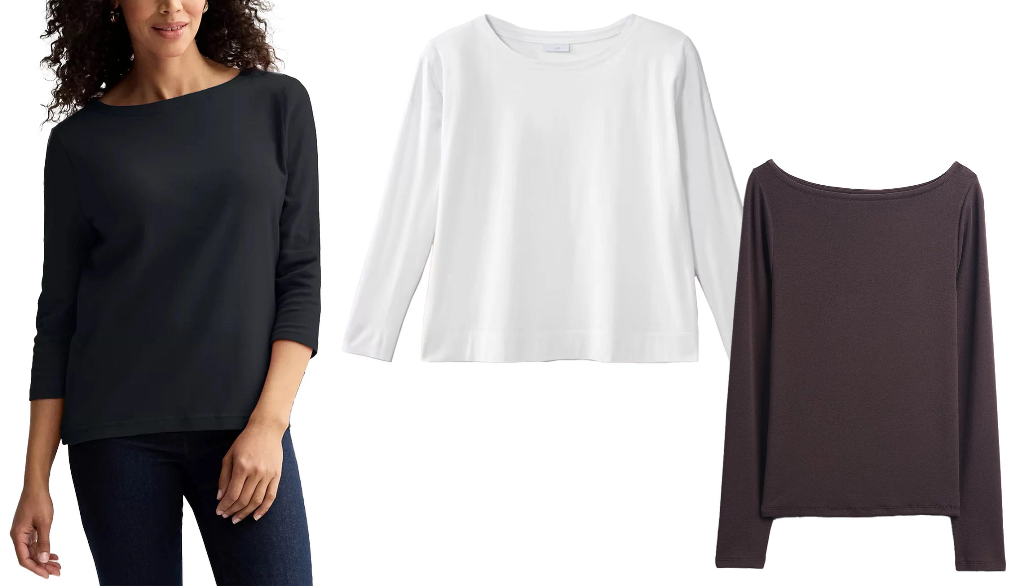 a collage with boatneck knit tops in white and brown, and a model wearing a boatneck top in black