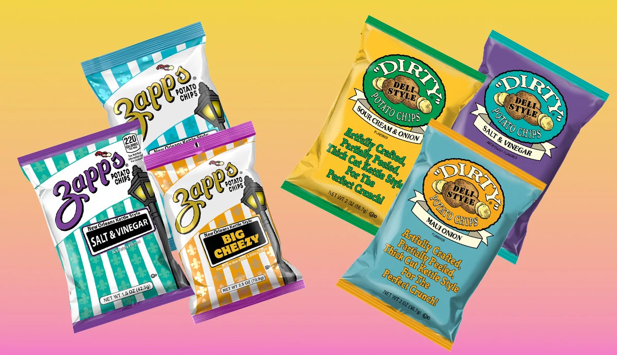An assortment of Zapp’s and "Dirty" Deli Style potato chip bags in various flavors, including Salt & Vinegar, Big Cheezy, Sour Cream & Onion, and Maui Onion, displayed against a colorful yellow and pink gradient background.