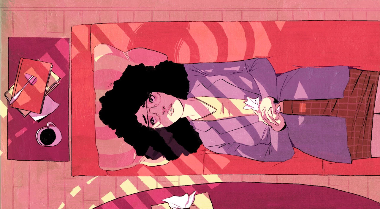 woman, laying down, therapist office, illustration